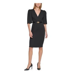 CALVIN KLEIN Womens Black Belted Pouf Sleeve Knee Length Sheath Dress 2